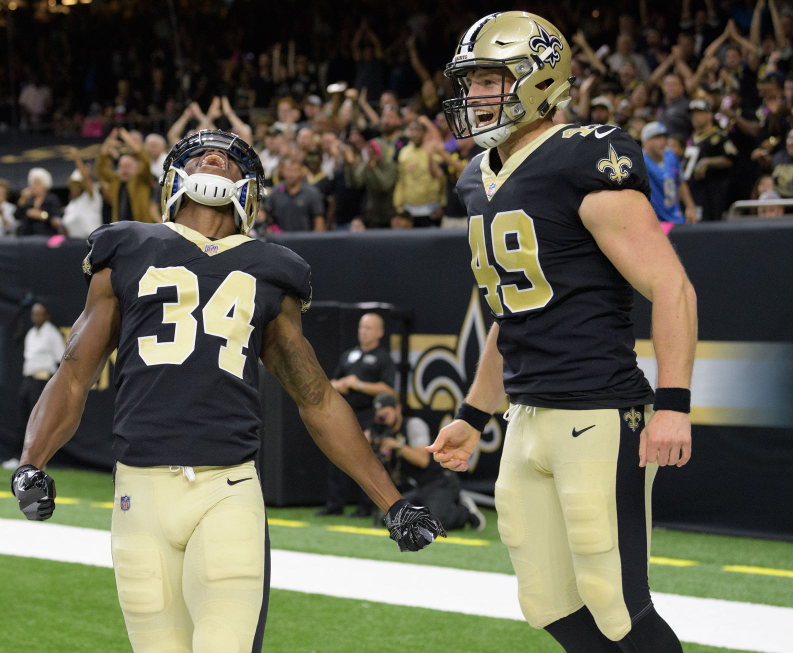 END OF FIRST HALF - Saints celebrate goal-line stand